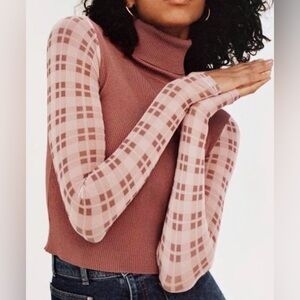 Zara Pink Plaid Sleeve Turtleneck Top